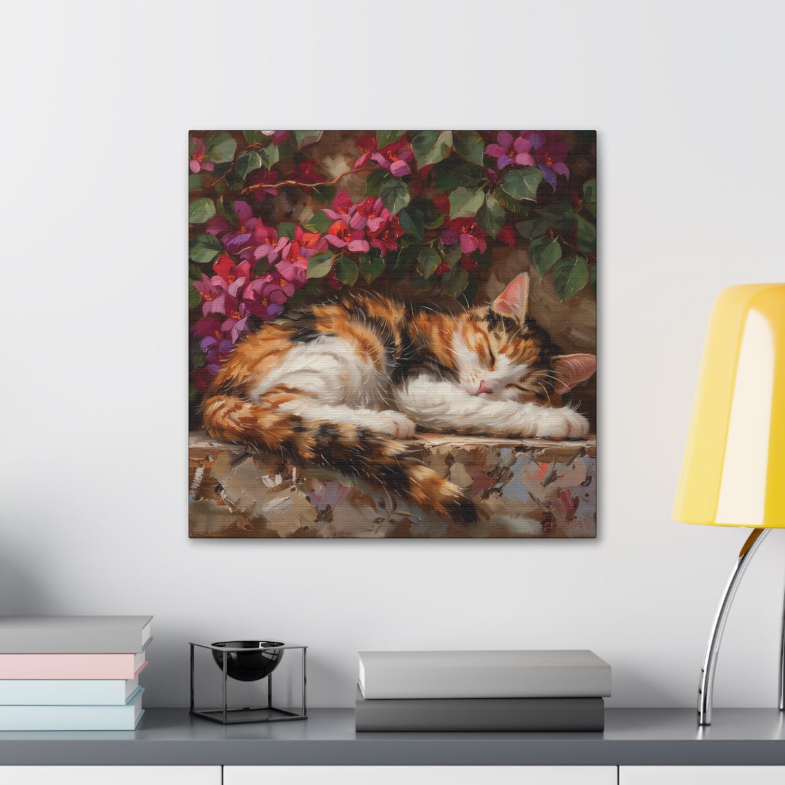 Sleeping Calico Kitten On A Stone Wall Beneath Flowers Oil Poster - Image 3