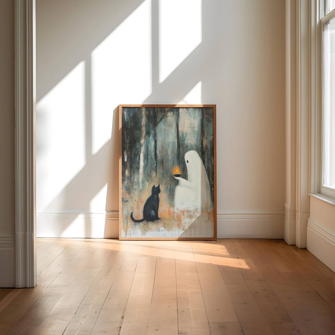 Ghost With A Lit Candle And Black Cat In A Misty Forest Poster - Image 2