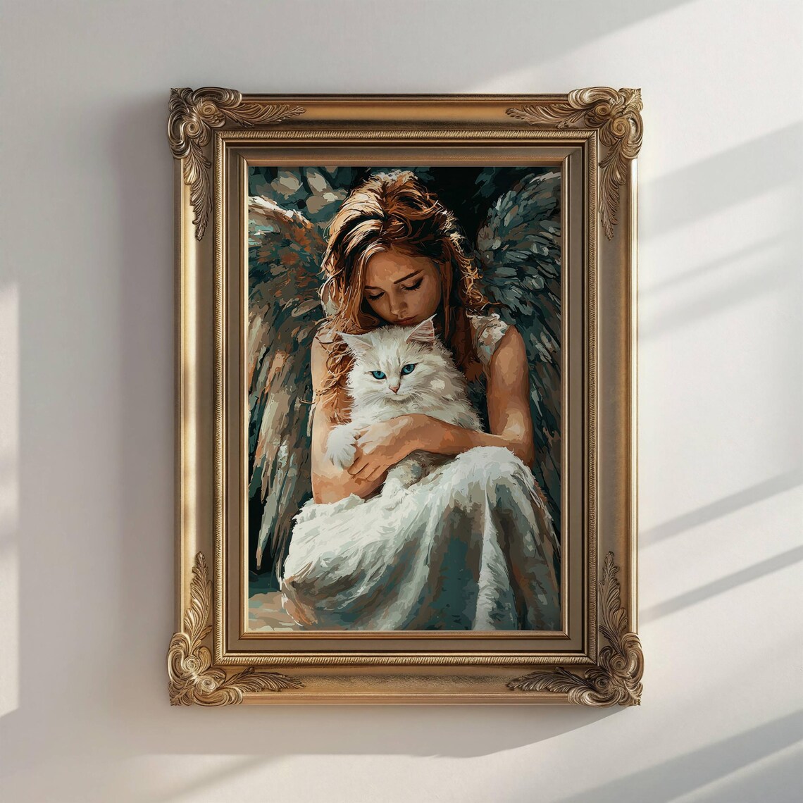 Gentle Angel Tenderly Embracing a Fluffy White Cat in a Painterly Spiritual Print - Image 2