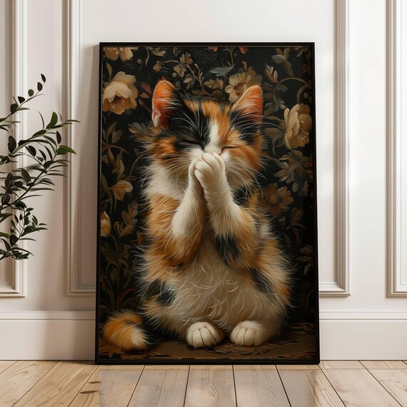 Calico Kitten Covering Its Face with Paws Peekaboo Funny Cat Poster
