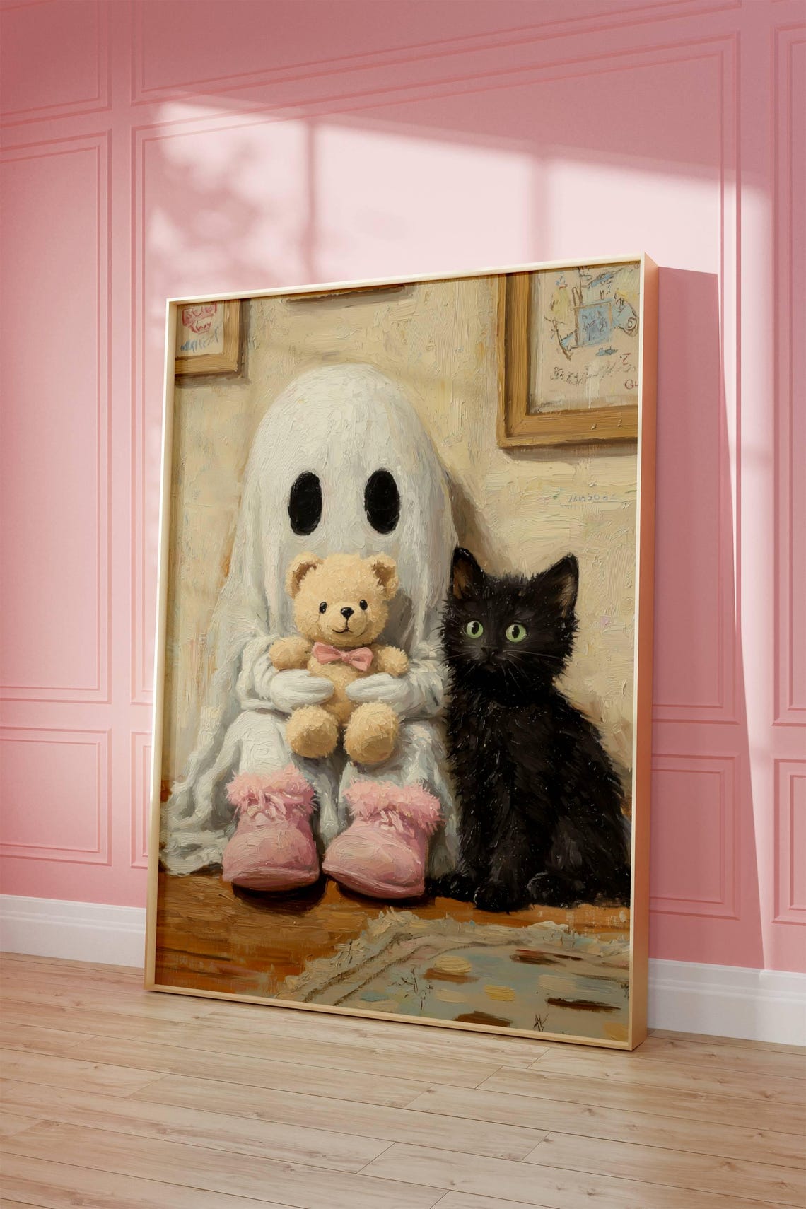 Ghost in Pink Slippers Holding a Teddy Bear Next to a Black Cat Poster - Image 6
