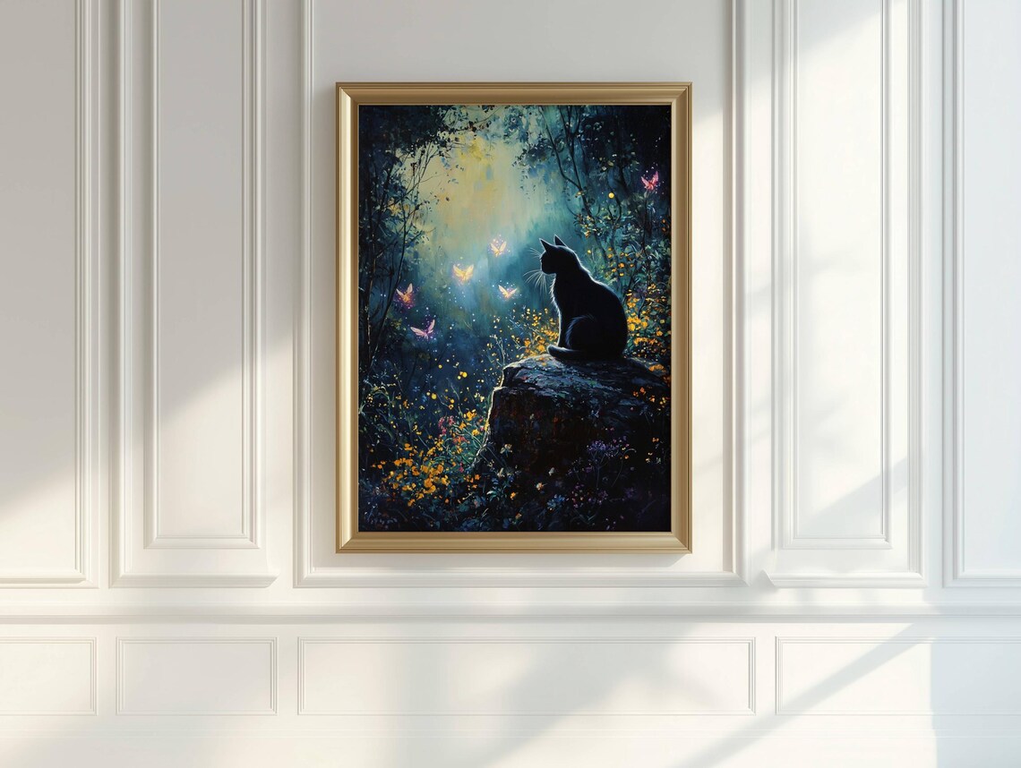 Mysterious Black Cat on a Mossy Rock in a Moonlit Enchanted Blue Forest Poster - Image 2