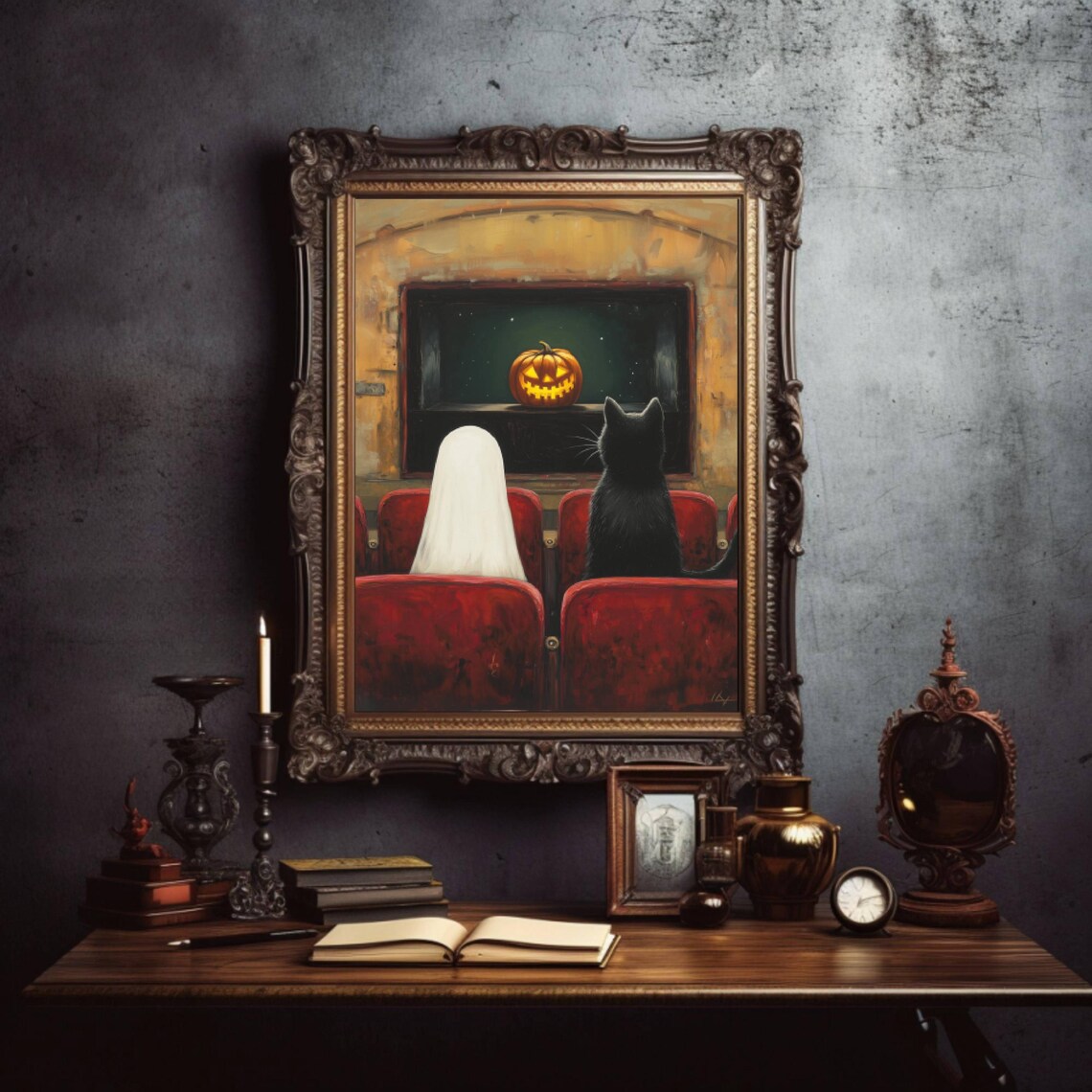 Ghost and Black Cat Watching a Pumpkin Movie in a Theater Poster - Image 6