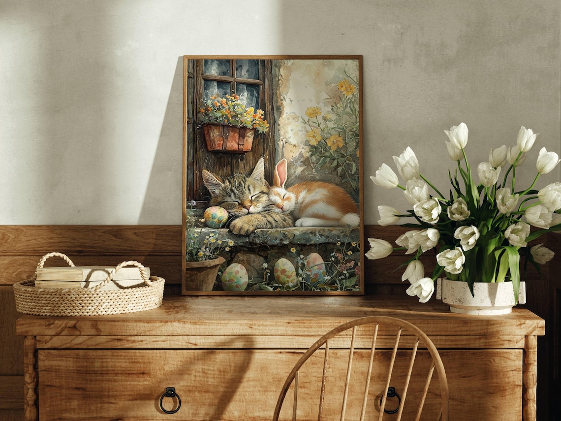 Easter Sleeping Tabby Cat and Bunny Art Print - Image 4