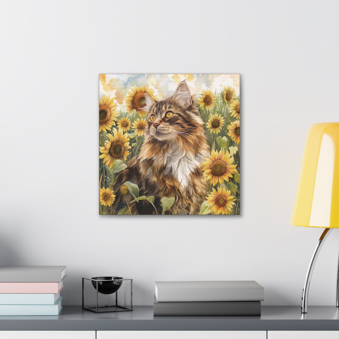 Majestic Long Haired Tabby Cat in a Sunflower Field Watercolor Poster - Image 3