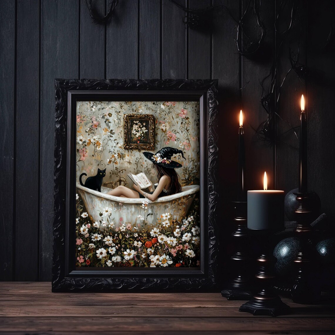 Witch Reading in Bathtub Cat Wall Art Poster - Image 4