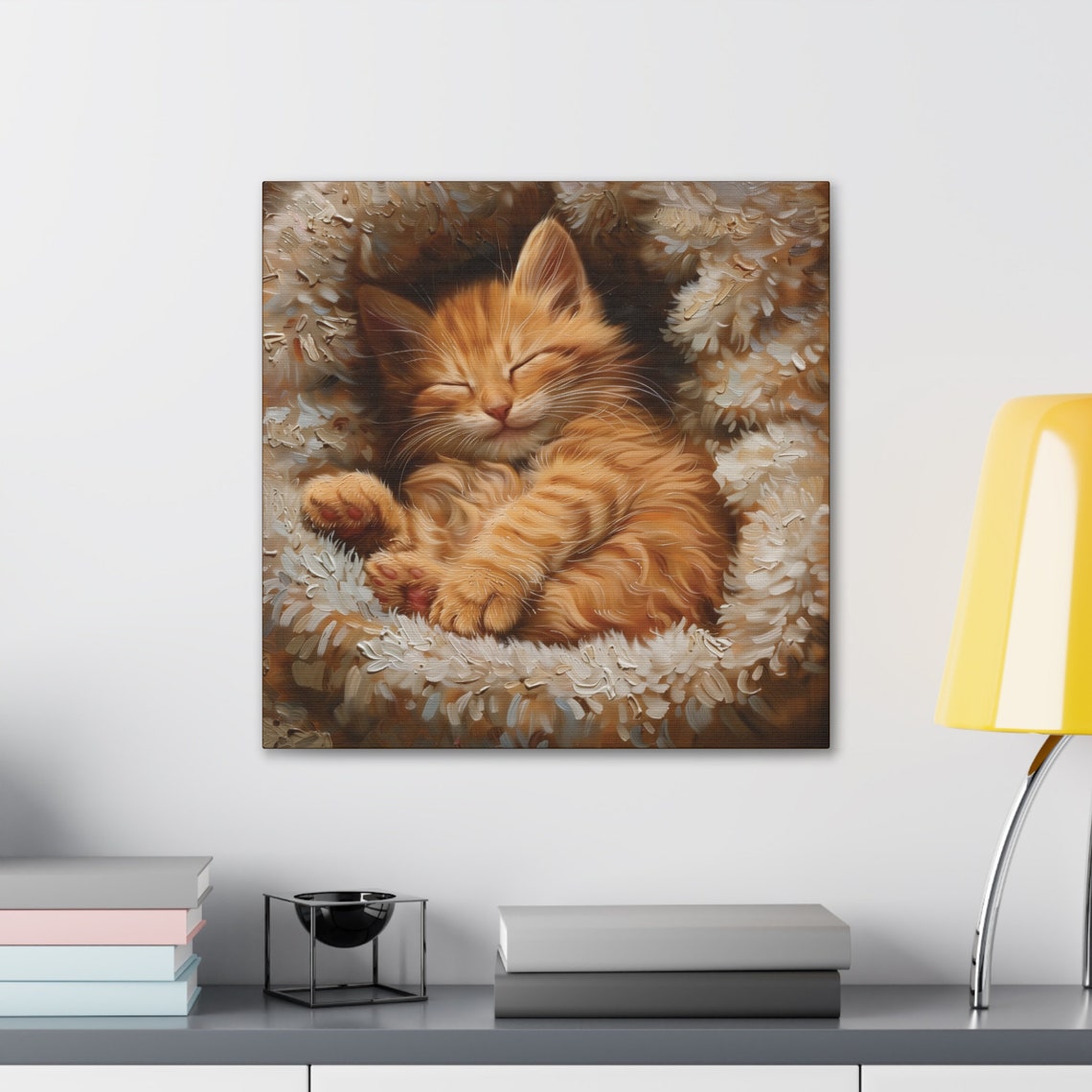 Sleeping Ginger Kitten Curled in Fluffy Blanket Oil Painting Poster - Image 3