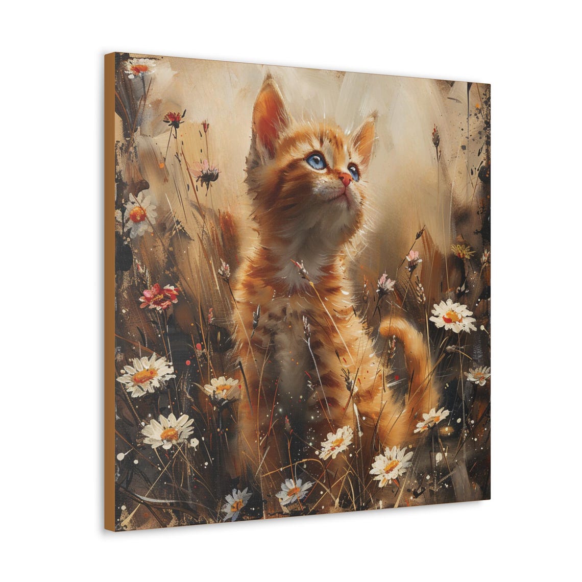 Orange Kitten Looking Up in a Daisy Wildflower Meadow Poster - Image 4