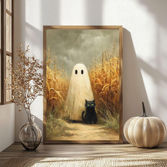 And Black Cat In Cornfield Poster Halloween Art Decor Cute Spooky Print Rustic Farmhouse Wall Unframed