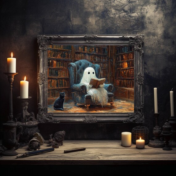 Sweet Ghost Reading a Book in a Cozy Candlelit Library Armchair Poster