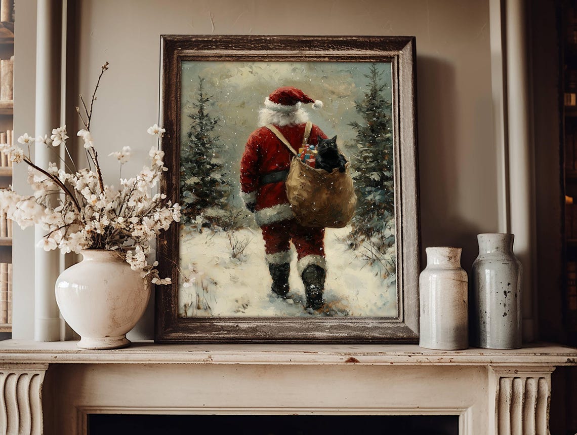 Santa Walking In The Snow With Black Cat Christmas Poster Moody Holiday Cat Wall Art Xmas Cat Lover Home Decor Unframed - Image 6