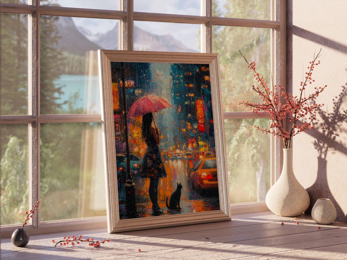 Impressionist Girl And Cat In Rain Poster Cityscape Wall Art Decor Moody Home Decor - Image 2