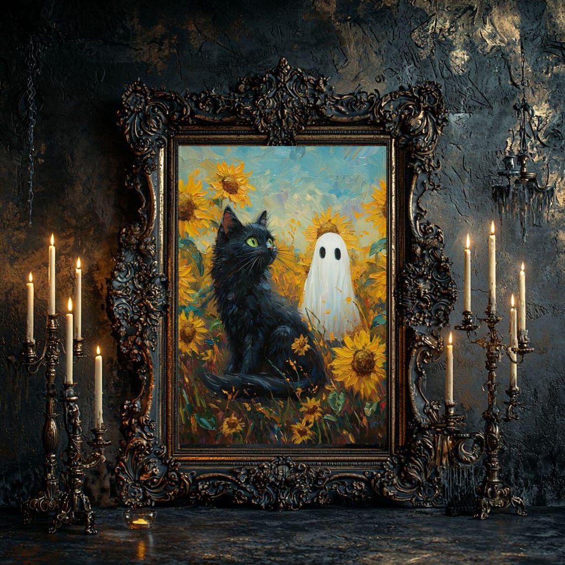 Black Cat and Ghost Standing in a Bright Sunflower Field Poster - Image 4