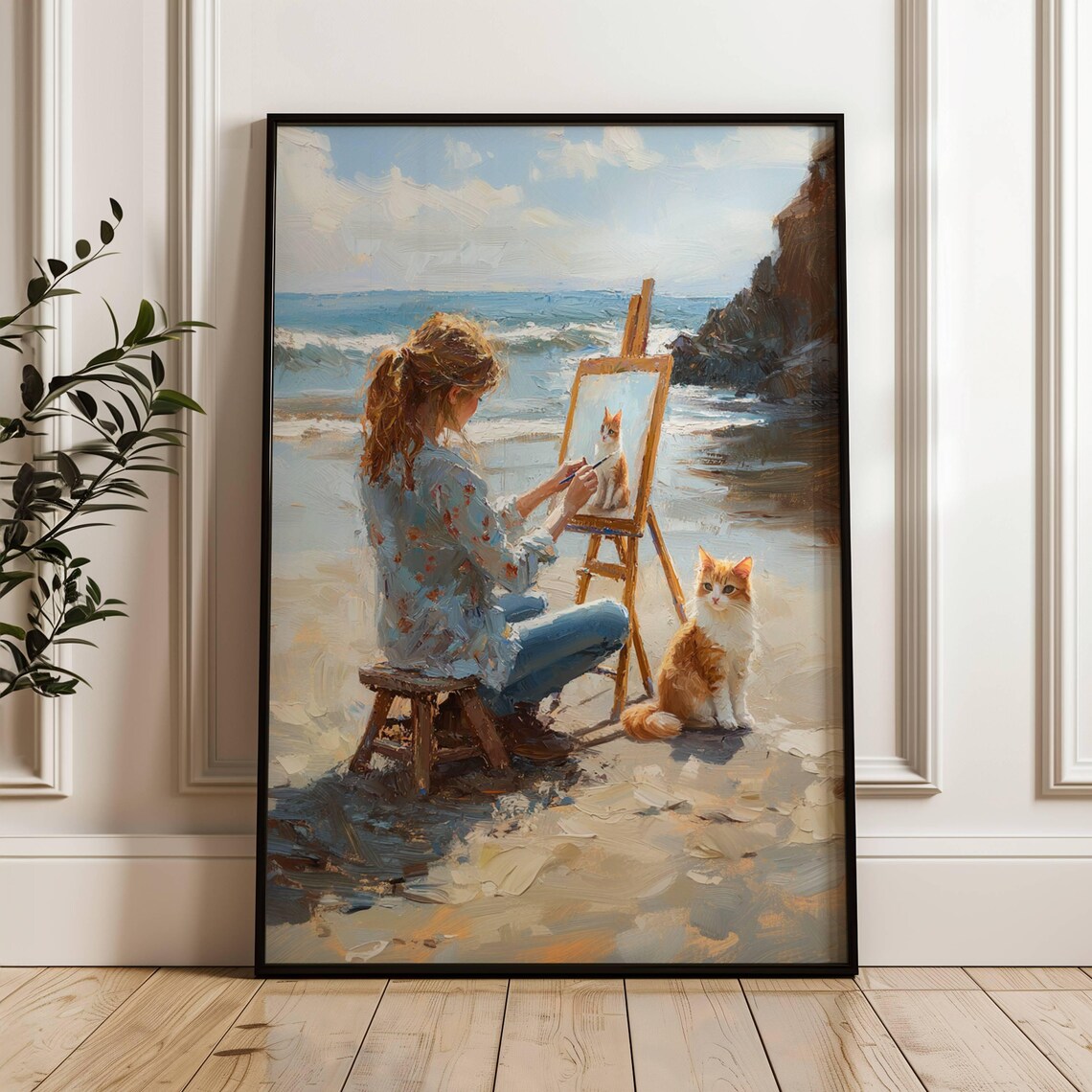Woman Painting a Ginger Cat on a Sunny Beach Plein Air Art Poster - Image 6