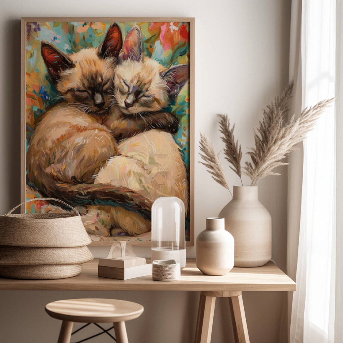 Two Sleeping Siamese Kittens Curled Up in Colorful Painterly Art Poster - Image 3