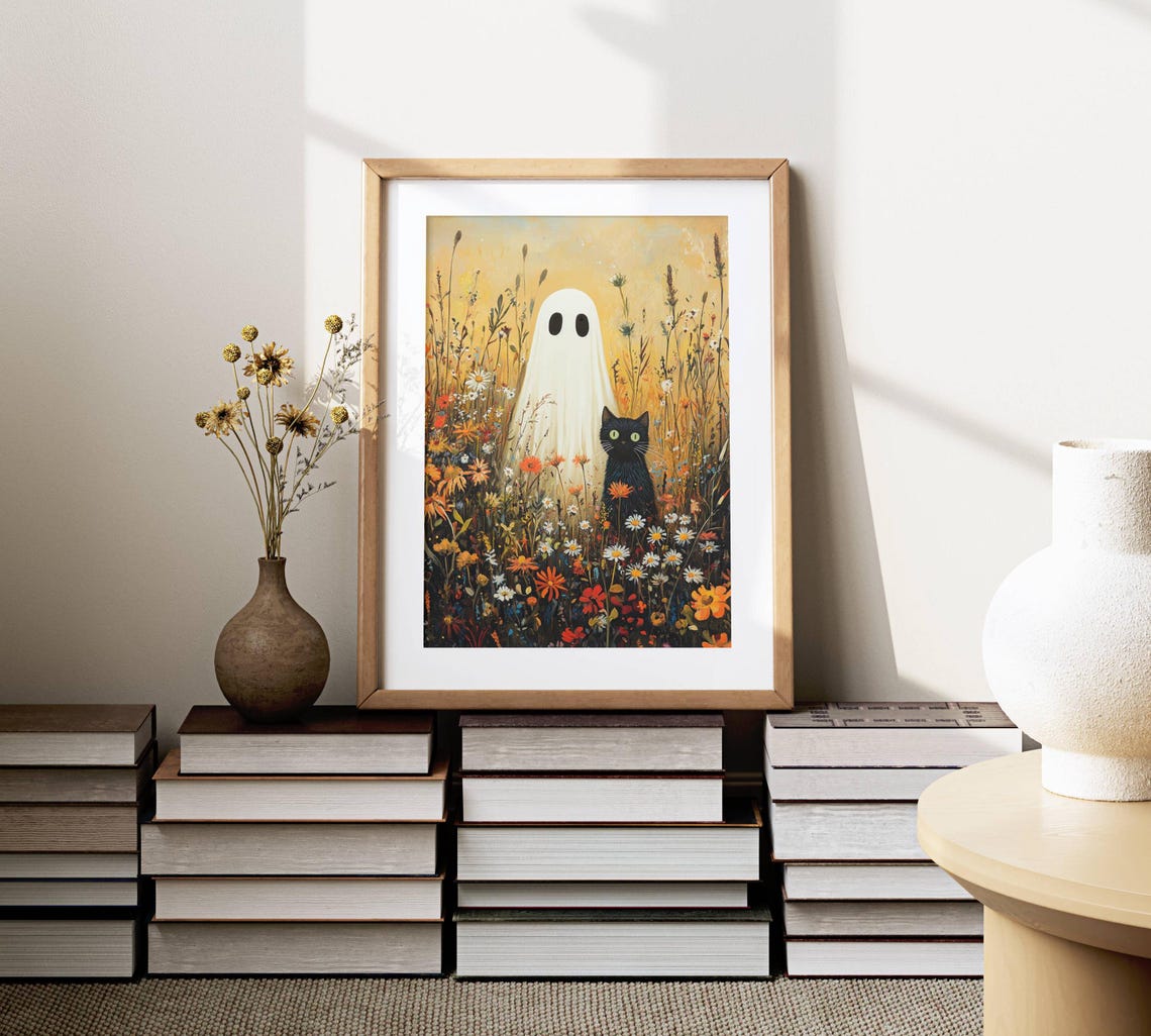 Black Cat and Ghost in a Golden Autumn Wildflower Meadow Poster - Image 4