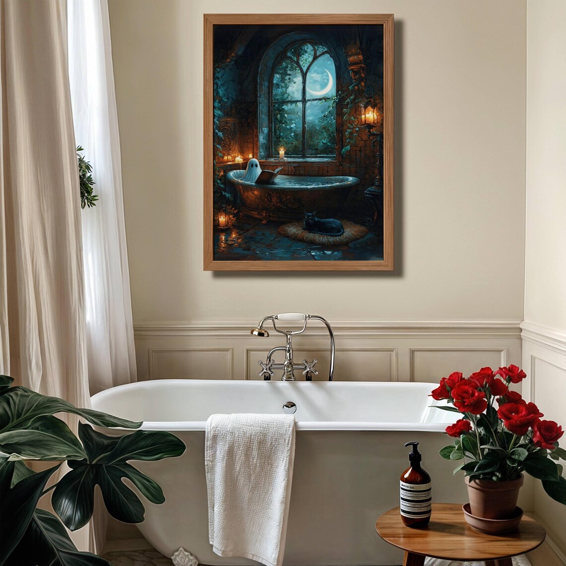 Little Ghost Reading a Book in a Candlelit Bathtub on a Moonlit Night Poster - Image 3
