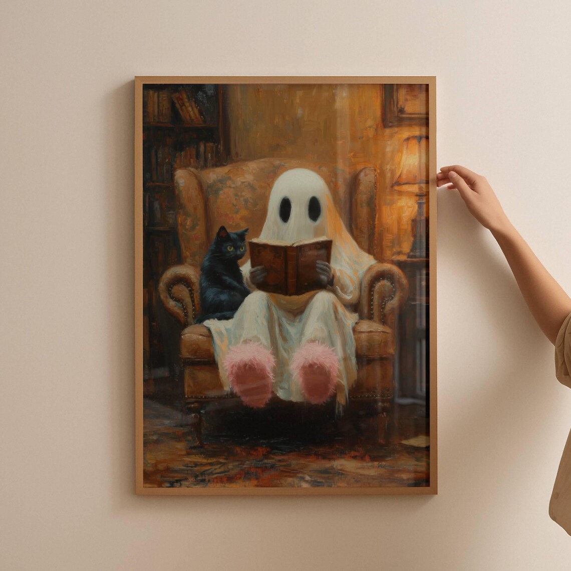 Ghost in Pink Slippers Reading With a Black Cat in an Armchair Poster - Image 4