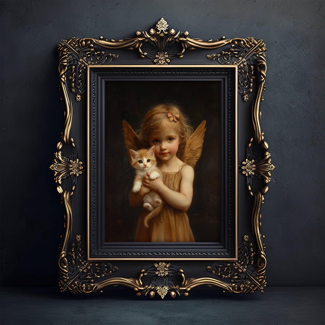 Victorian Angel Girl With Golden Wings Holding an Adorable Orange Kitten Poster - Image 7