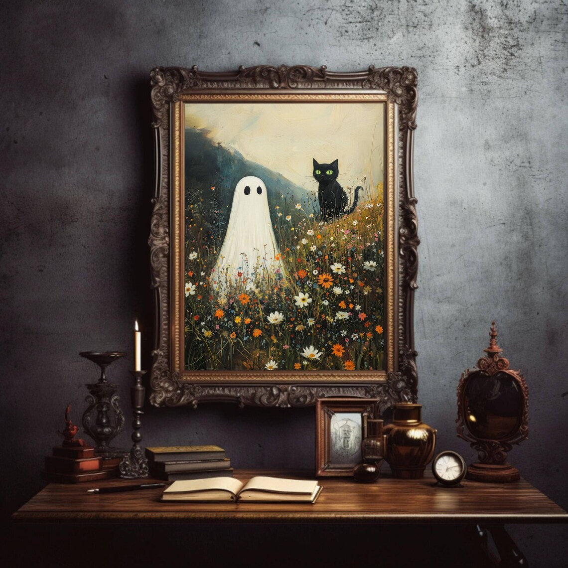 Ghost and Black Cat, Whimsigoth Halloween Poster - Image 2