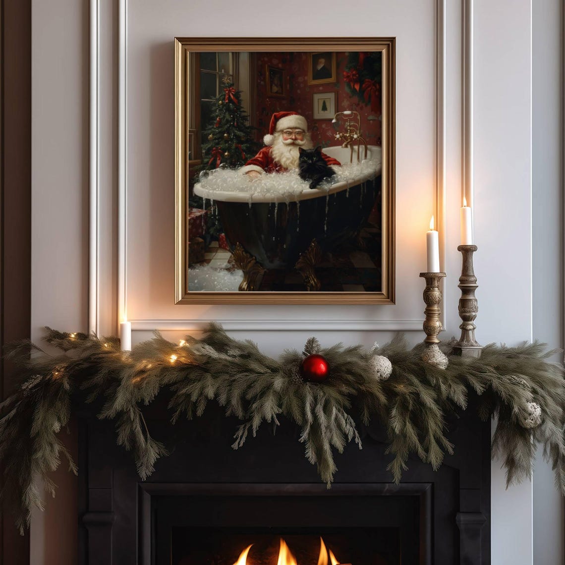 Santa Claus in a Bubble Bath With a Black Cat Christmas Poster - Image 5