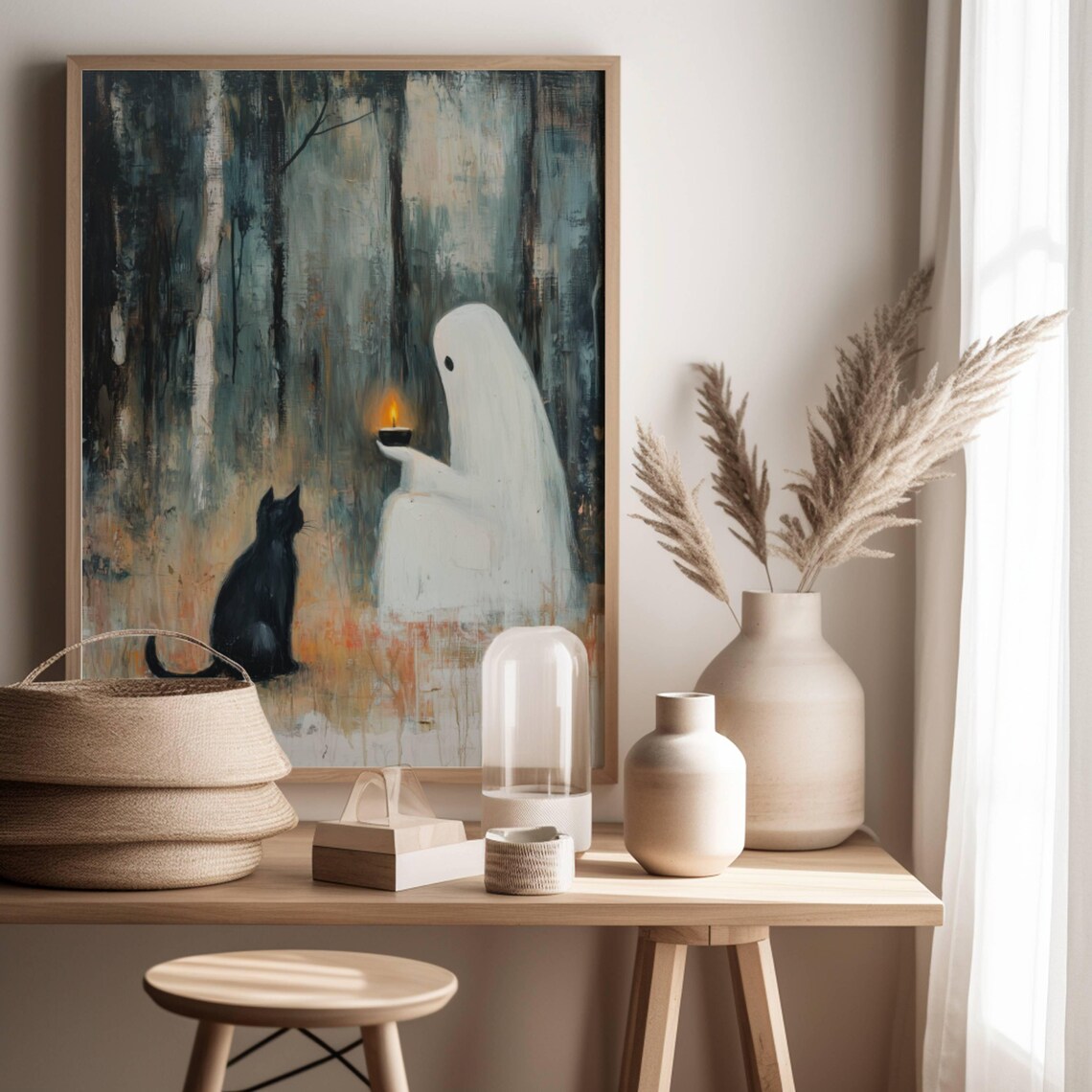 Ghost With A Lit Candle And Black Cat In A Misty Forest Poster - Image 7