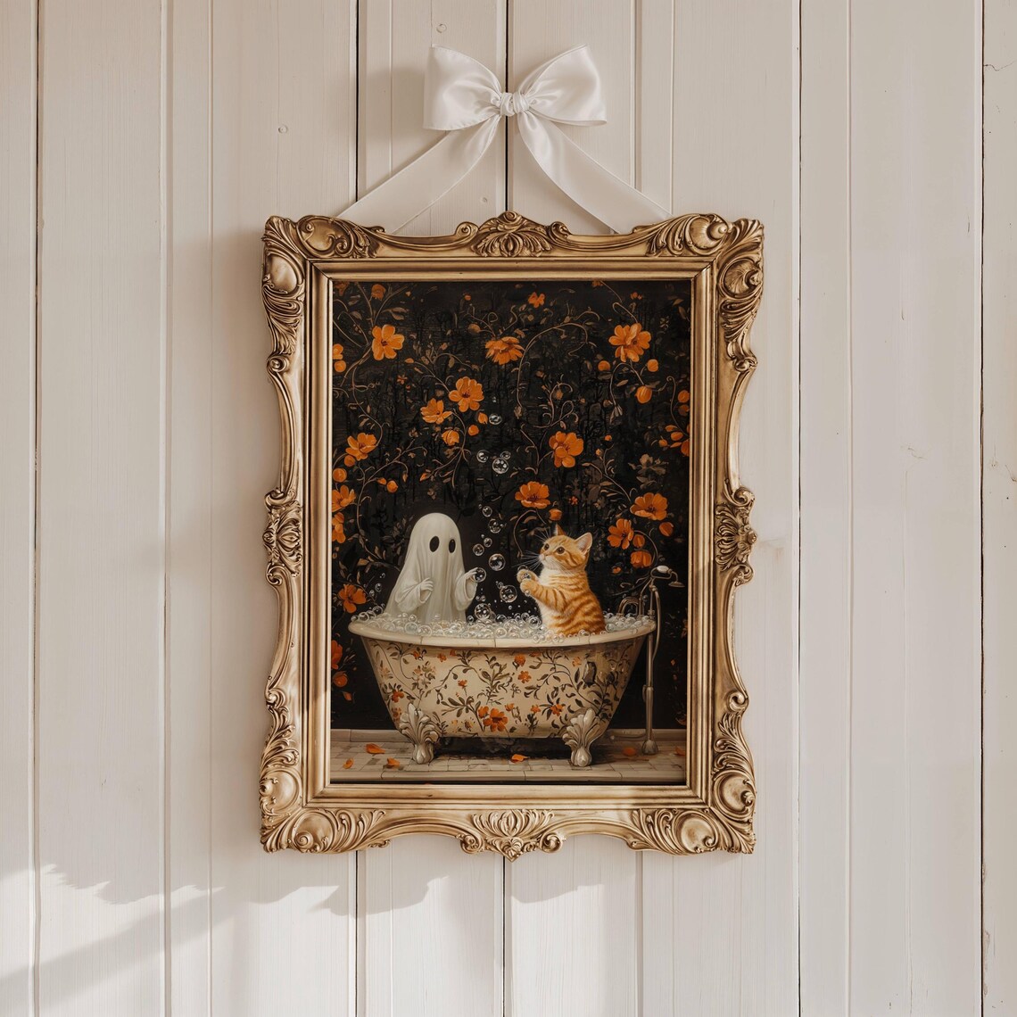 Cute Ghost and Orange Kitten Popping Bubbles Together in a Floral Bath Poster - Image 7