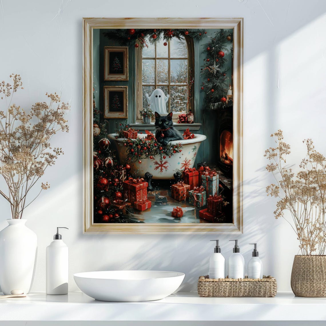 Black Cat in a Festive Bathtub With a Ghost Christmas Poster - Image 3