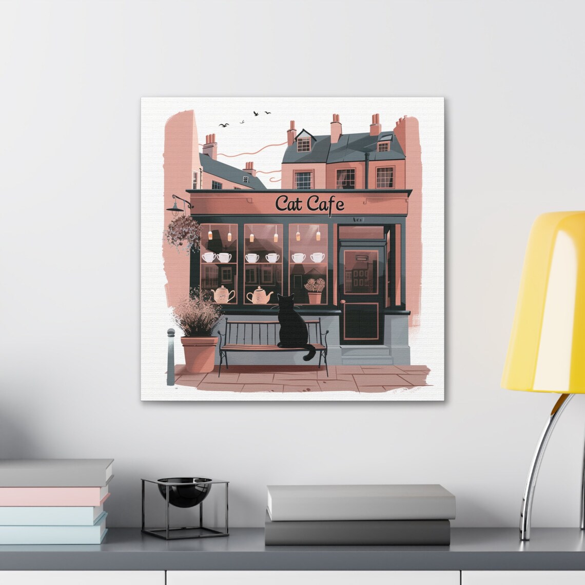 Cat Cafe Storefront With Black Cat on Bench Coffee Shop Poster - Image 3