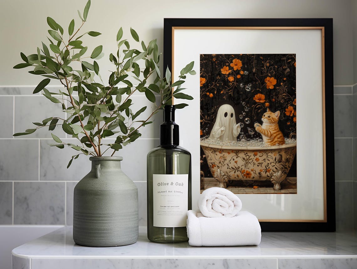 Cute Ghost and a Playful Orange Kitten in a Bubble Bath Poster - Image 6
