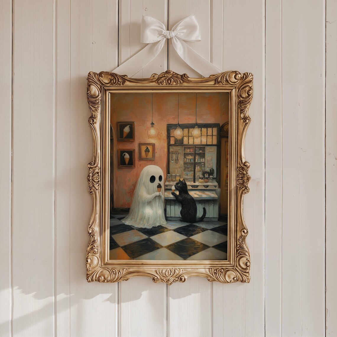 Ghost and Black Cat Sharing Ice Cream in an Old Fashioned Parlor Poster - Image 3