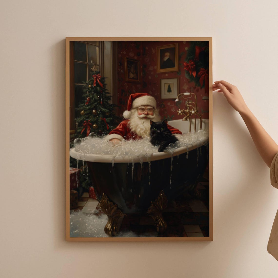 Santa Claus in a Bubble Bath With a Black Cat Christmas Poster - Image 2