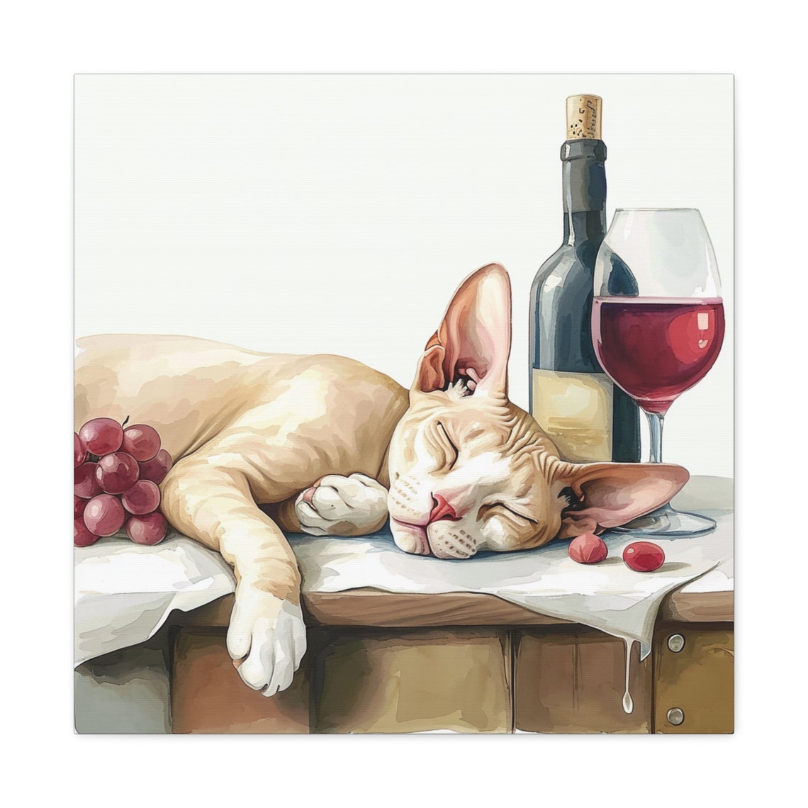 Hairless Sphynx Cat Napping Beside Wine Bottle and Grapes Poster - Image 5