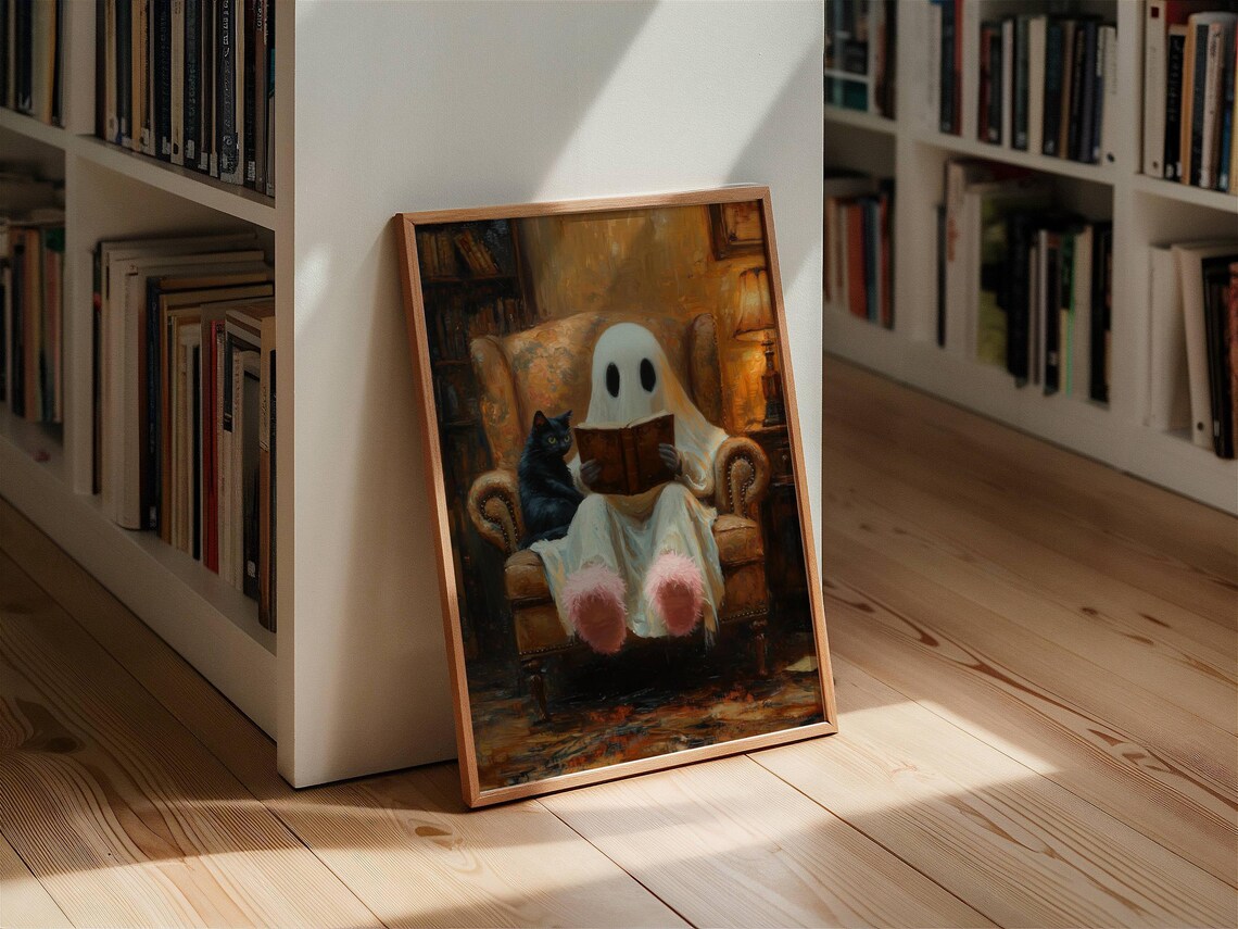 Ghost in Pink Slippers Reading With a Black Cat in an Armchair Poster - Image 6