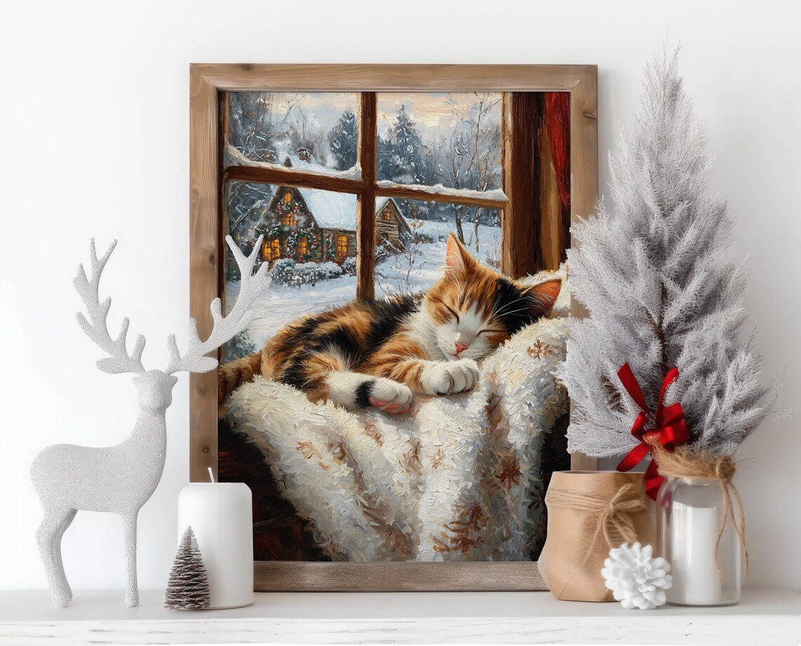 Calico Cat Farmhouse Christmas Poster, Rustic Holiday Print - Image 4