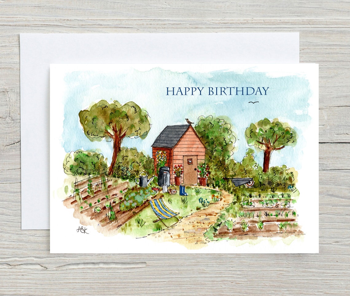 Happy Birthday Allotment Garden Shed Watercolour Illustration Print