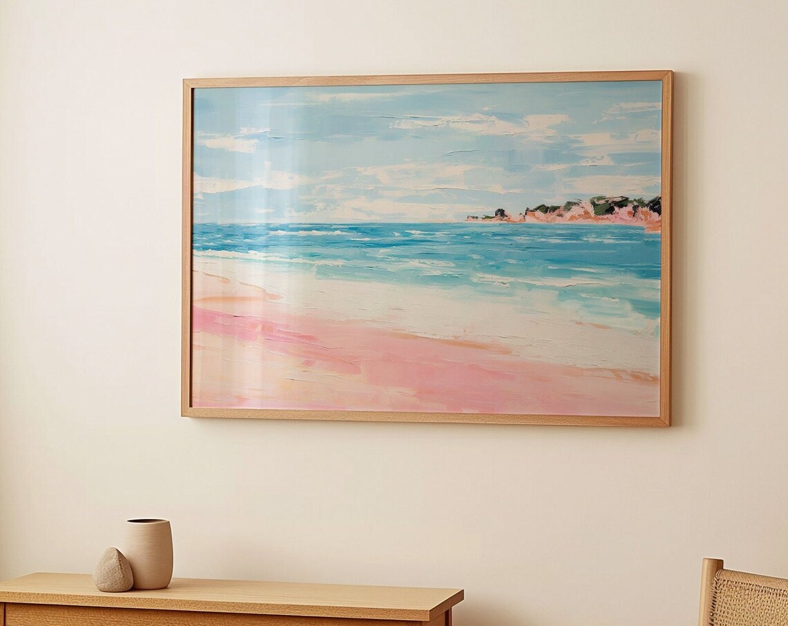 Pink Sand Blue Ocean Abstract Beach Coastal Painting Art Poster - Image 3