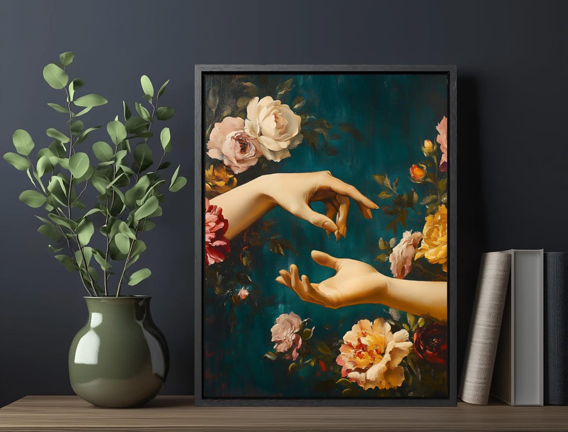 Reaching Hands Deep Teal Roses Moody Floral Vintage Maximalist Poster - Image 6