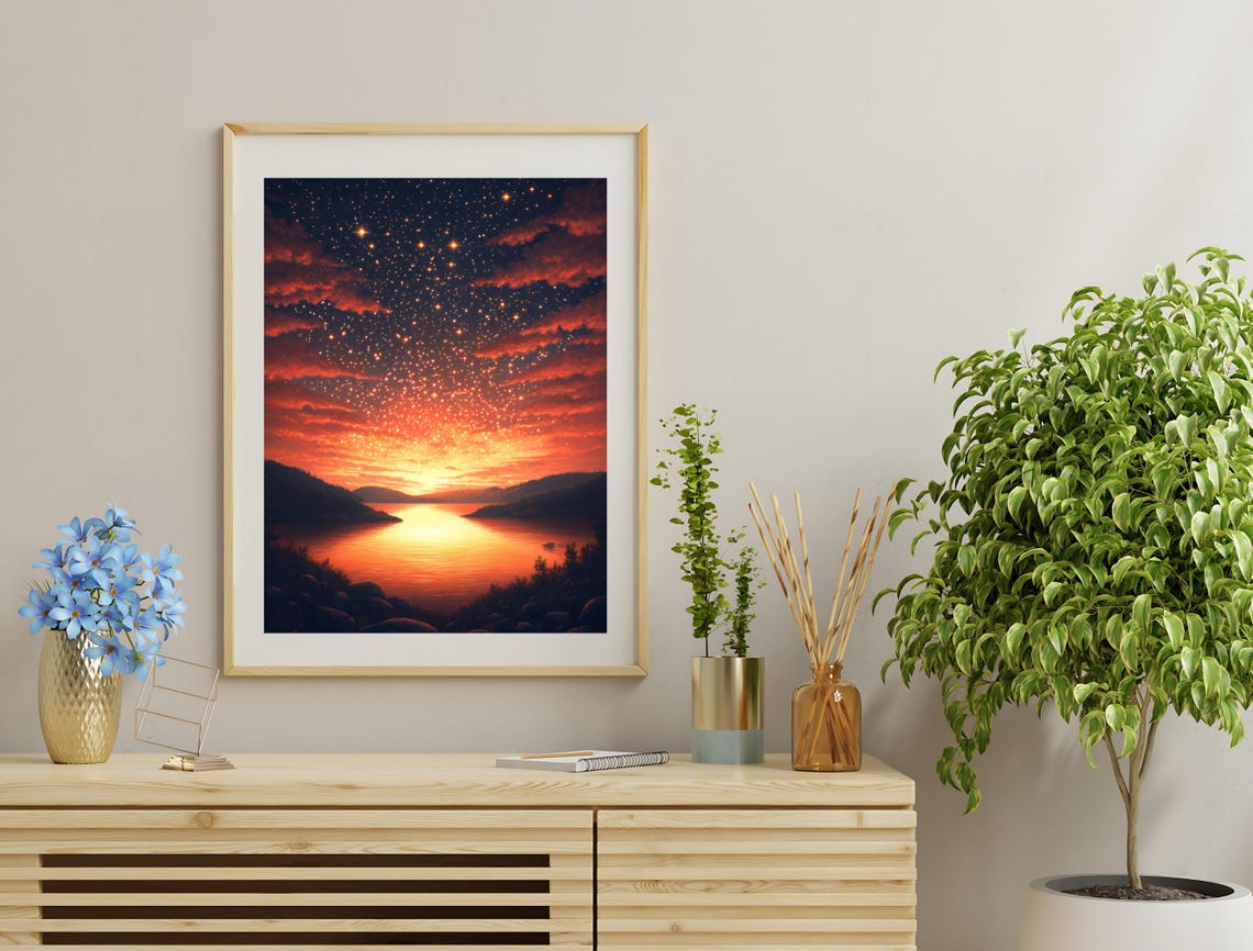 Fiery Sunset Lake Starry Sky Red Clouds Dramatic Landscape Wall Art - Image 3