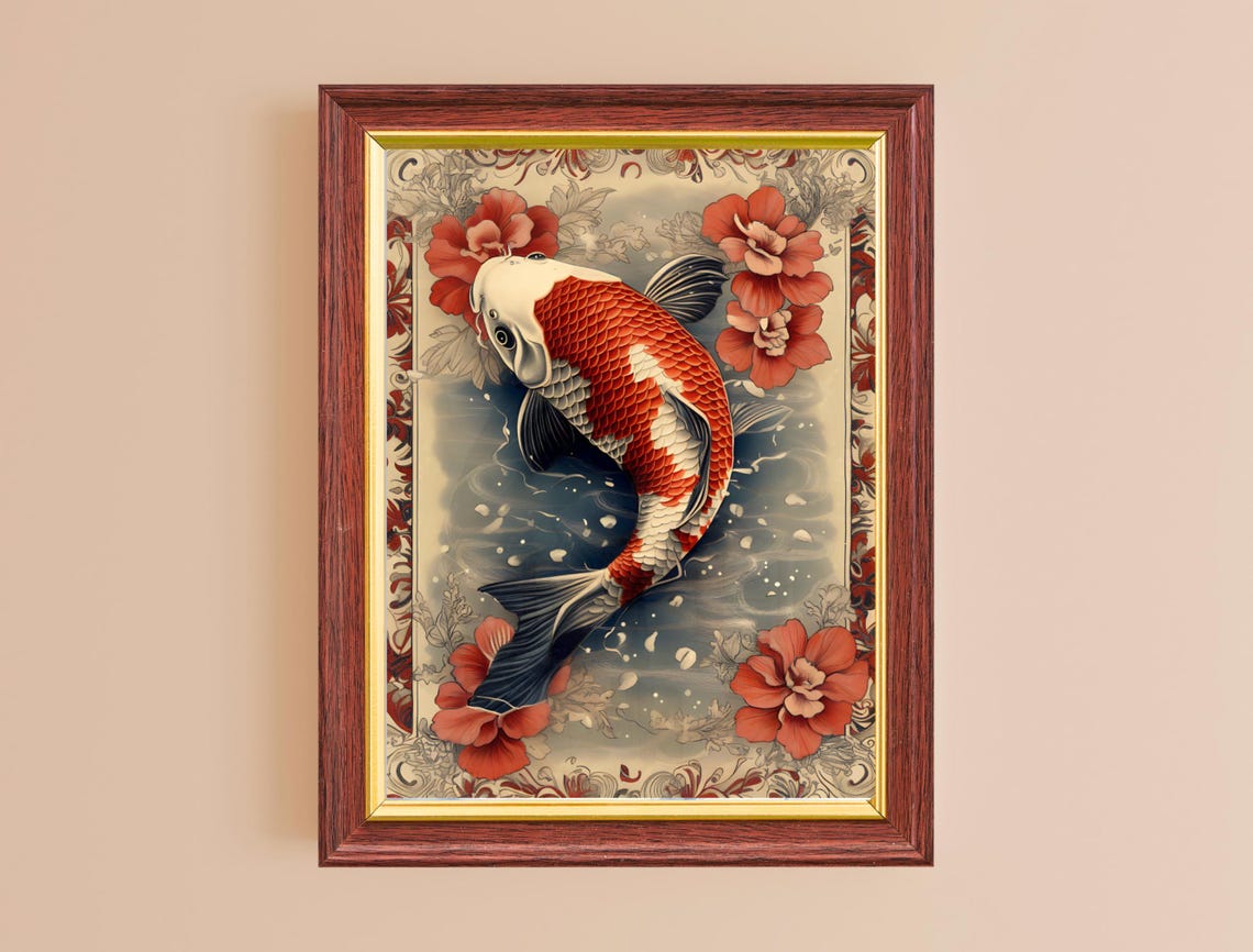 Japanese Koi Fish Tattoo Style Red Flowers Traditional Art Print - Image 2