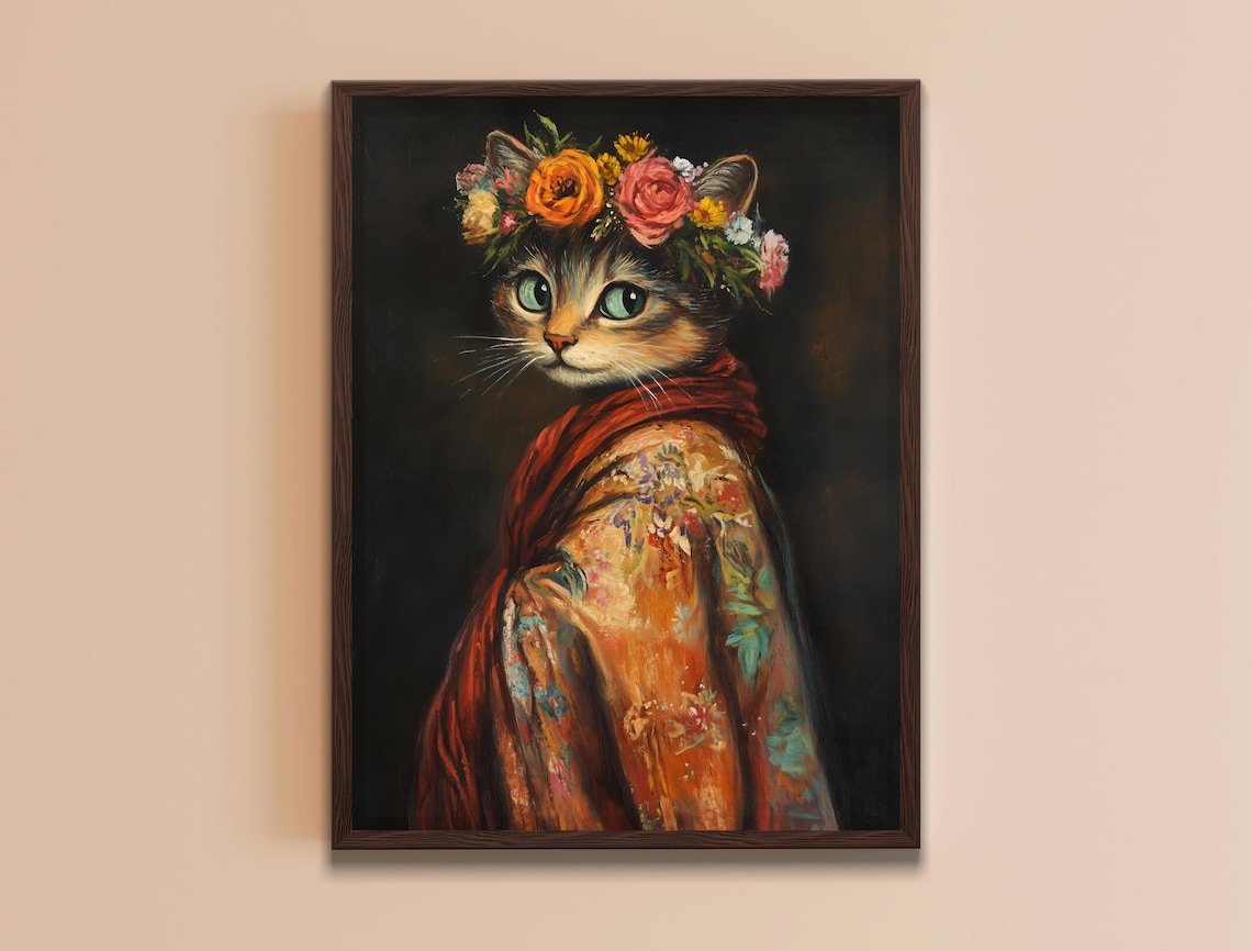 Tabby Cat Flower Crown Floral Robe Green Eyes Regal Portrait Art Poster