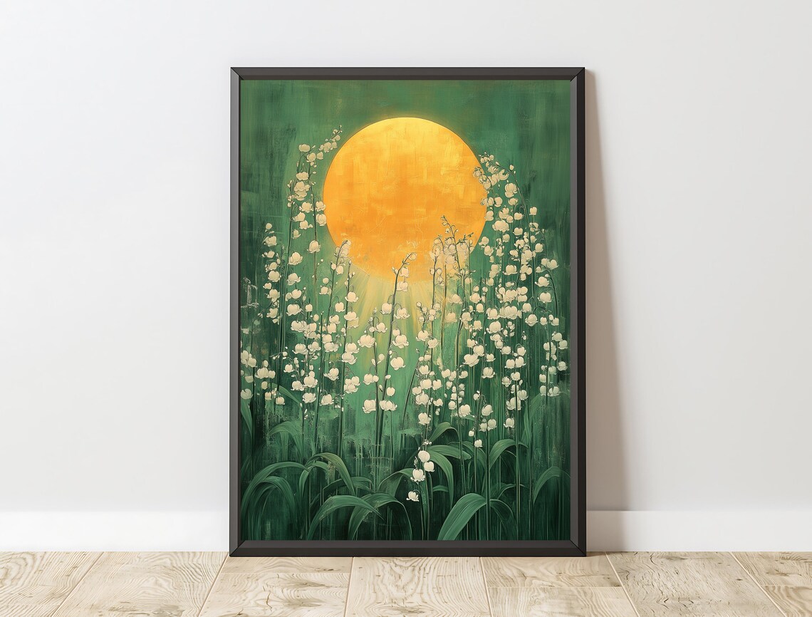 White Lily Of The Valley Golden Sun Green Impressionist Floral Meadow Wall Art - Image 3
