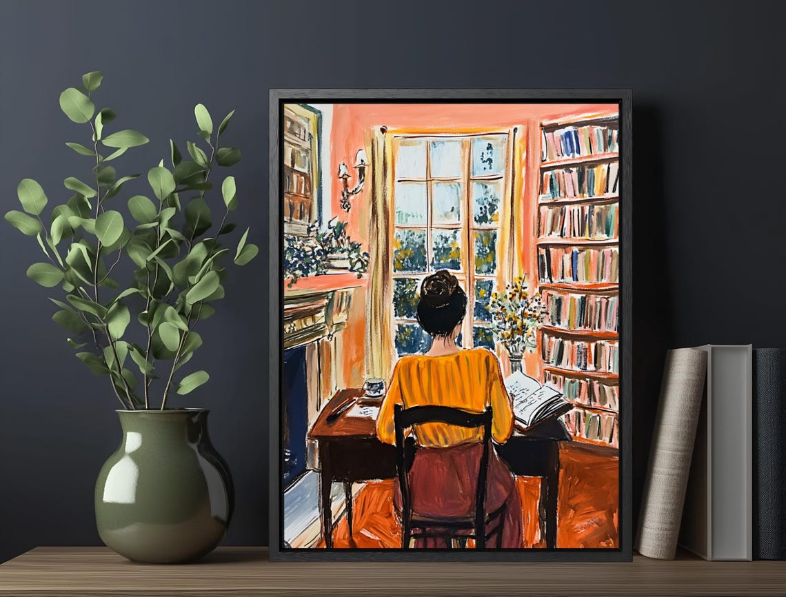 Woman Reading Cozy Orange Library Window Warm Interior Art Poster - Image 6
