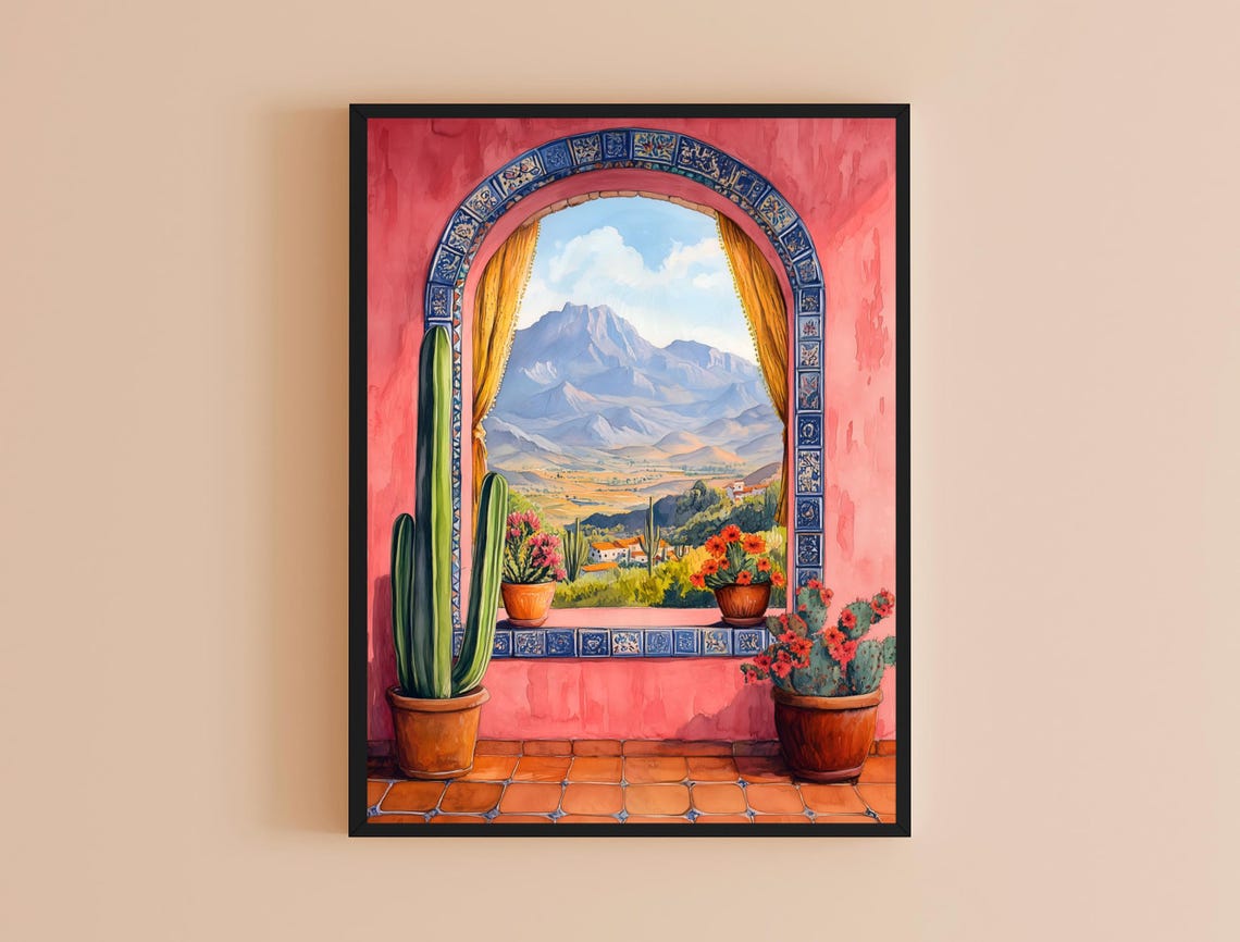 Mexico Mountain View Arched Window Cactus Terracotta Folk Art Poster - Image 6