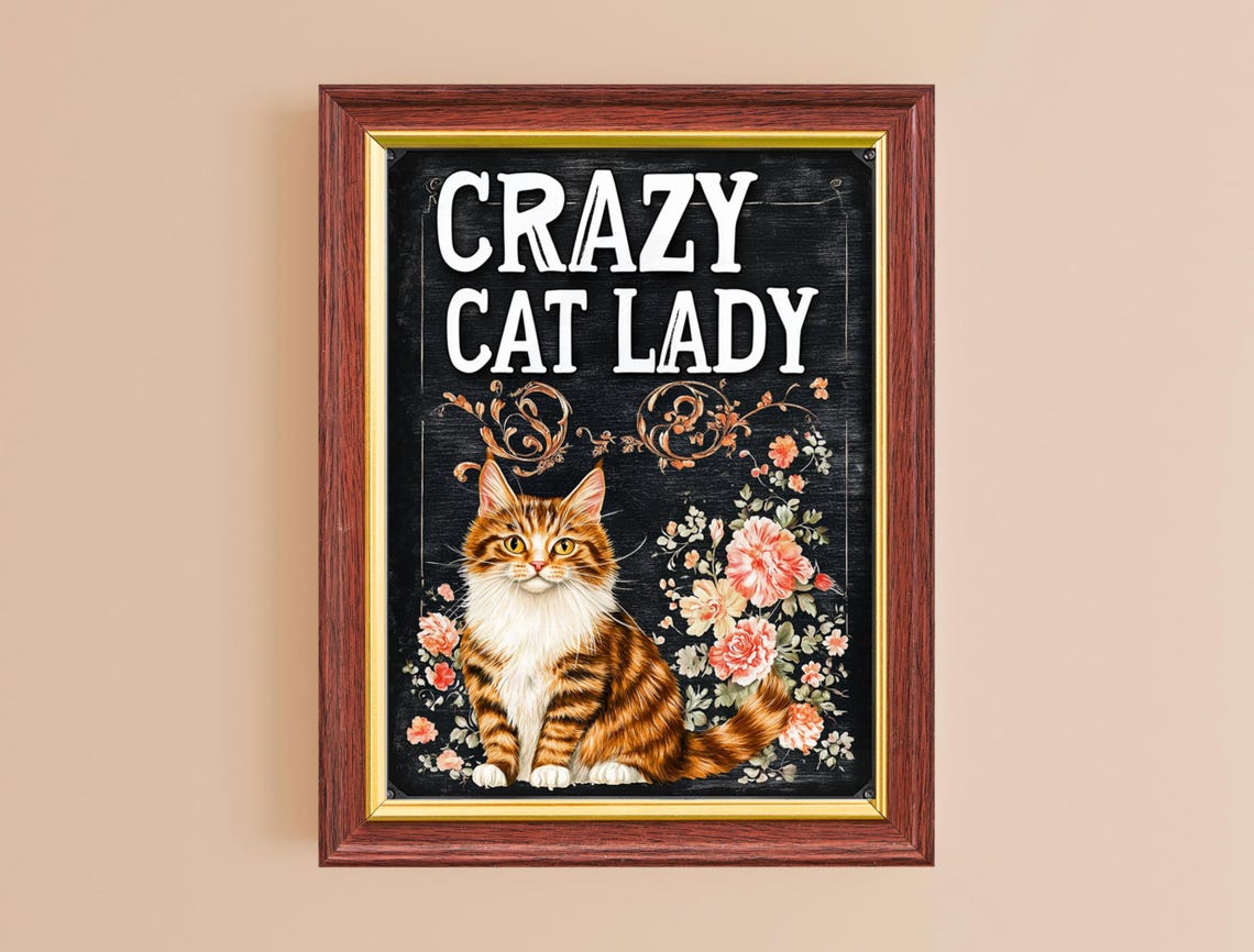 Crazy Cat Lady Orange Tabby Cat Pink Roses Floral Pet Lover Art Poster - Image 2