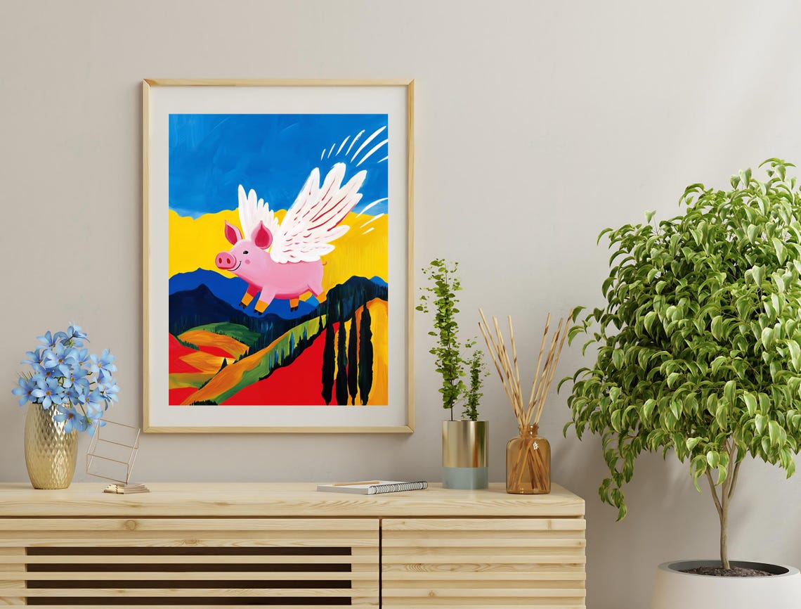 Happy Flying Pig Colorful Bold Landscape Naive Style Fun Art Print - Image 3