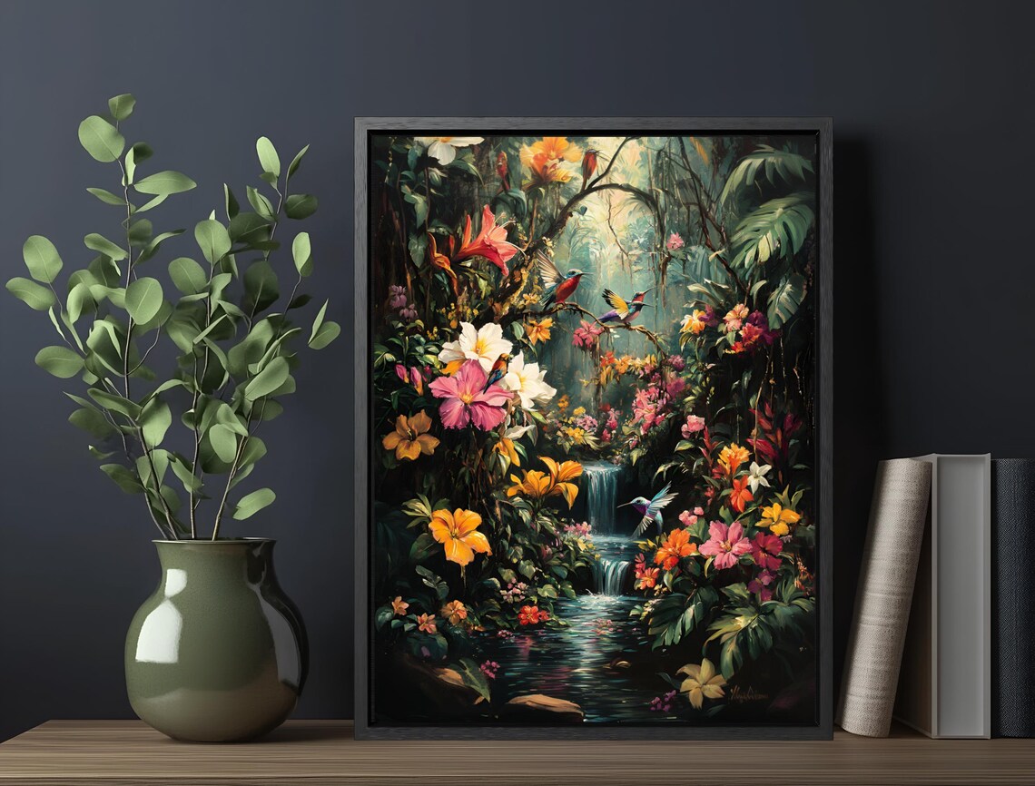 Lush Jungle Waterfall Hibiscus Hummingbirds Vibrant Tropical Art Print - Image 6