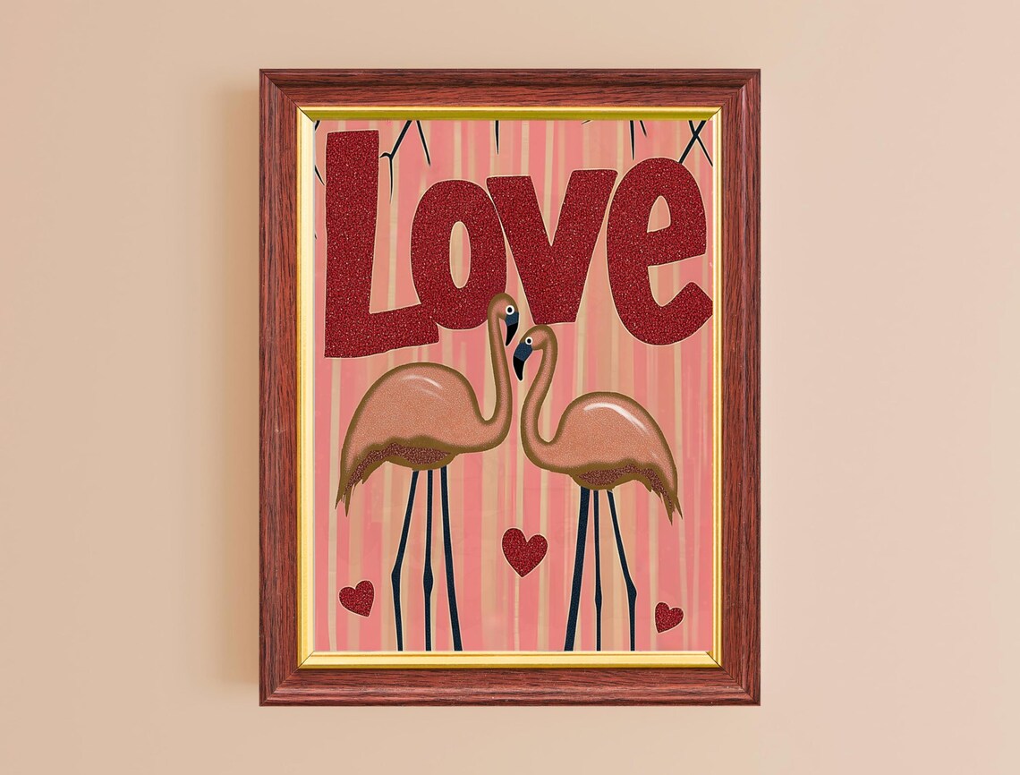 Love Flamingos Pink Hearts Glitter Typography Romantic Wall Art Poster - Image 2