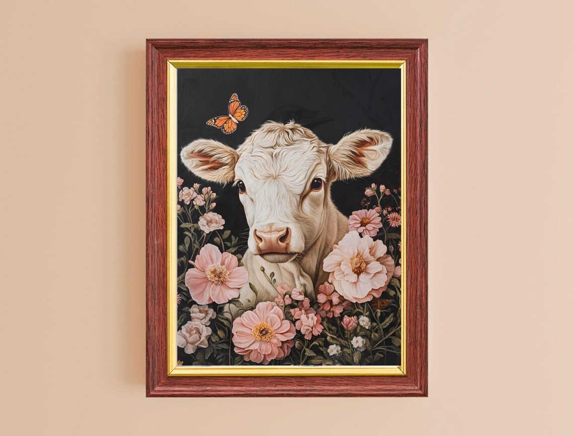Cute White Calf Butterfly Pink Flowers Dark Background Nursery Print - Image 2