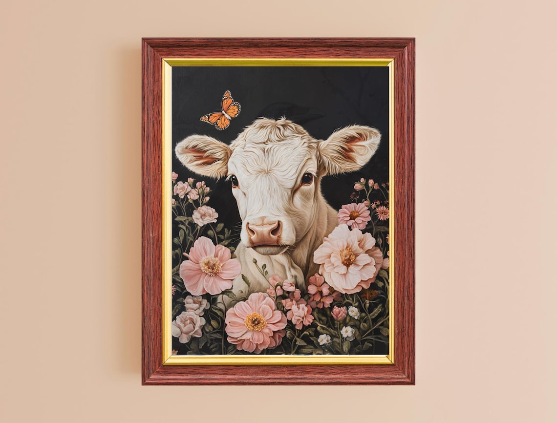 Sweet White Calf Monarch Butterfly Pink Blossom Farm Animal Print - Image 2
